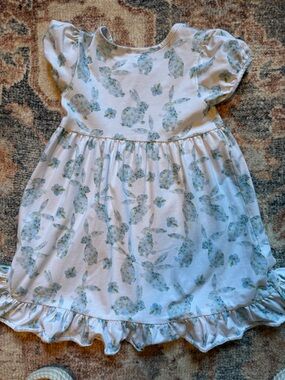 White Kids Dress with Blue Floral Bunny Print